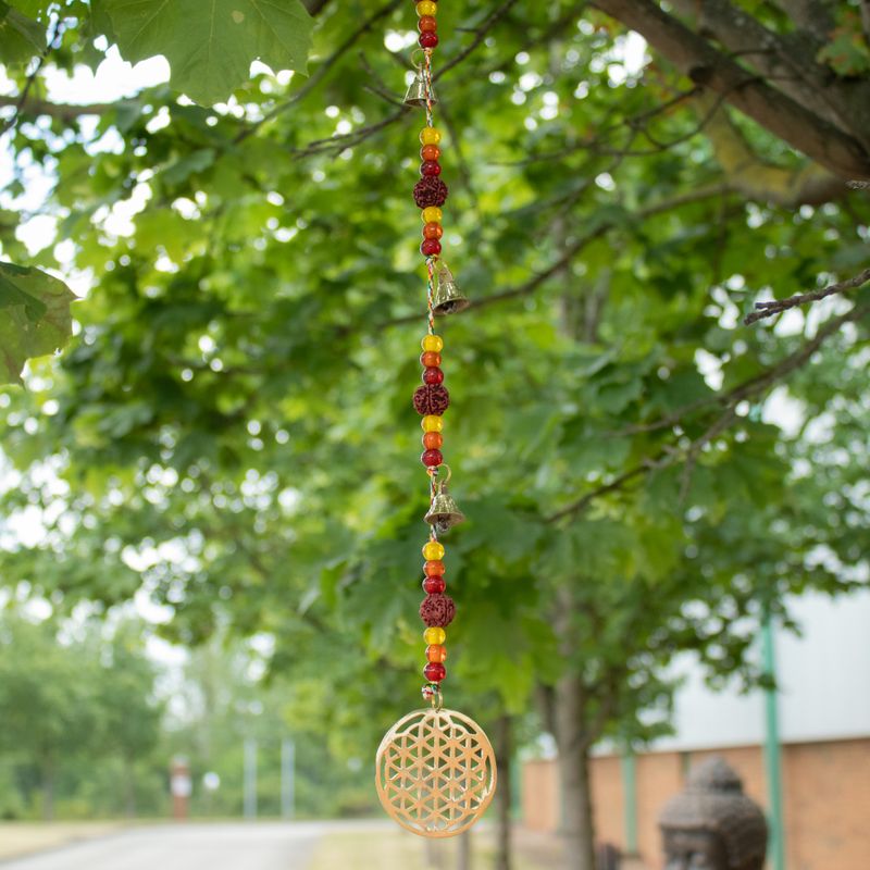 Indische Glocken – Messing-Blume des Lebens mit Rudraksha-Perlen Schnur-Glocken – 6x63 cm