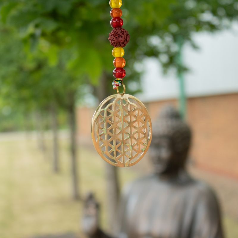 Indische Glocken – Messing-Blume des Lebens mit Rudraksha-Perlen Schnur-Glocken – 6x63 cm