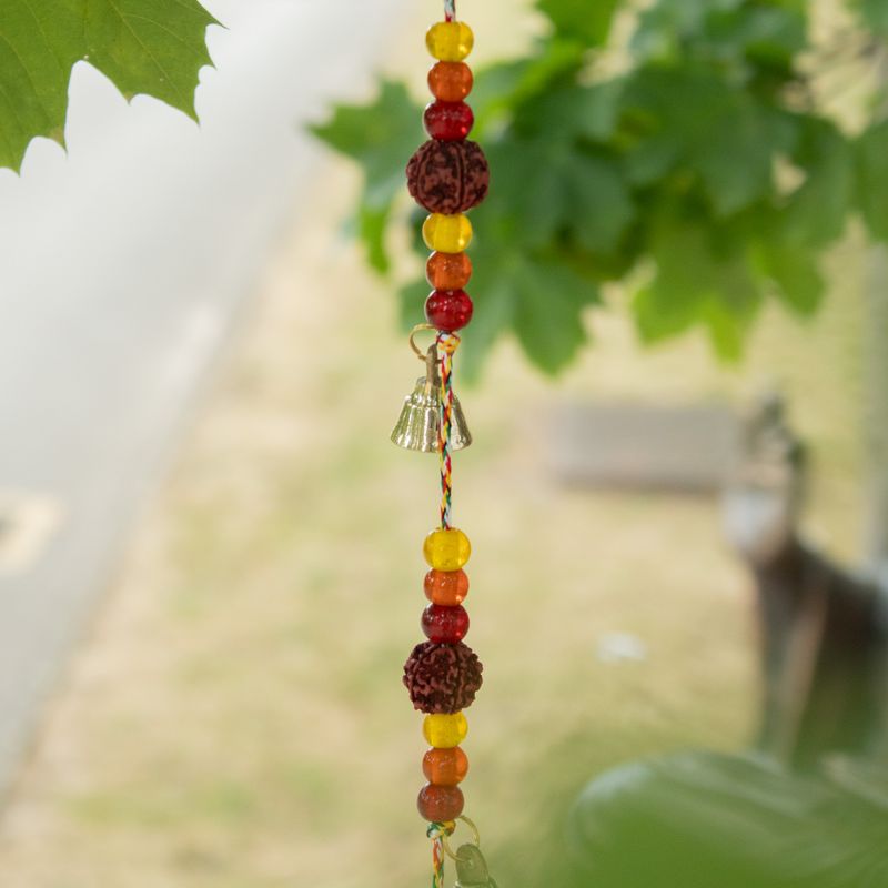 Indische Glocken – Messing-Blume des Lebens mit Rudraksha-Perlen Schnur-Glocken – 6x63 cm