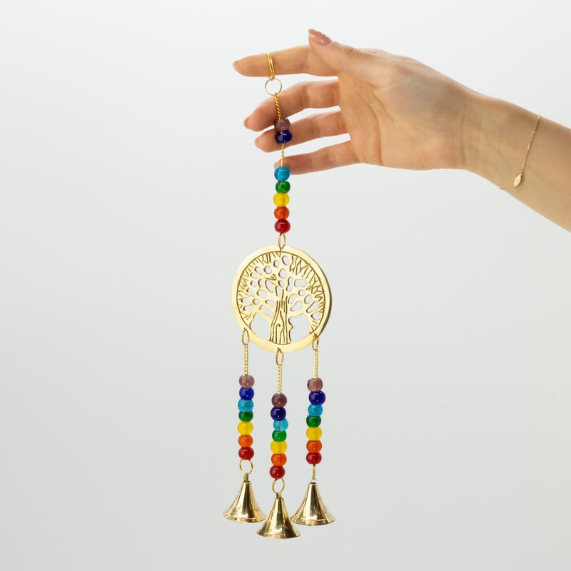 Indische Glocken - Messing-Baum des Lebens mit Chakra-Perlen - 3 Glöckchen - 6,5 x 31 cm