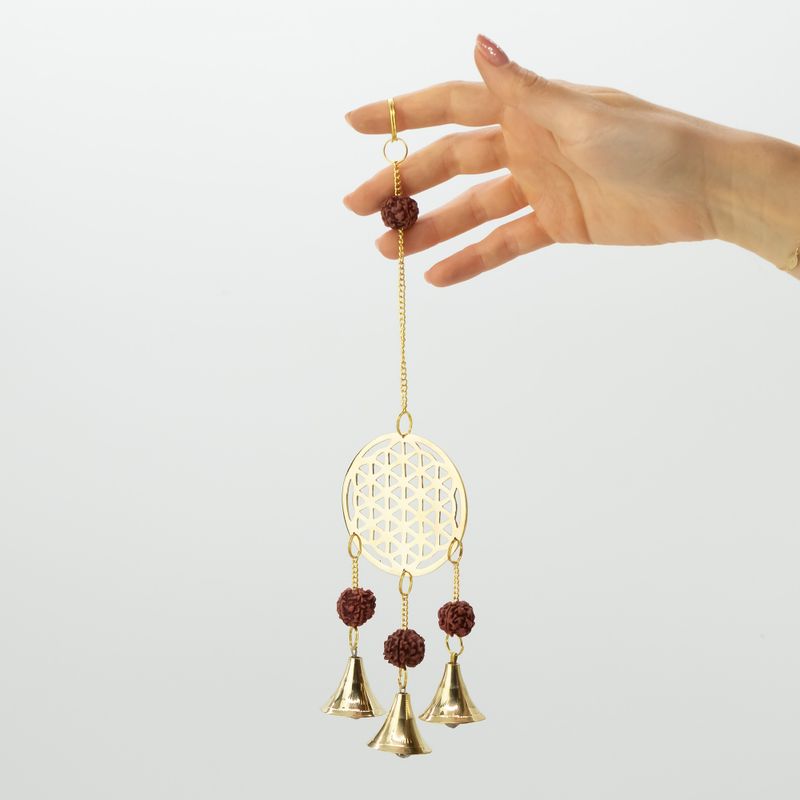 Indische Glocken - Messing-Blume des Lebens mit Rudraksha-Perlen - 3 Glocken - 6 × 27 cm