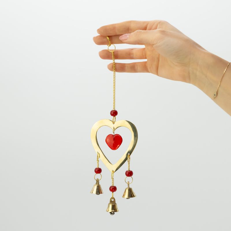 Indische Glocken - Messing mit rubinroten Glasherzperlen - 3 Glöckchen - 6,5 x 24 cm