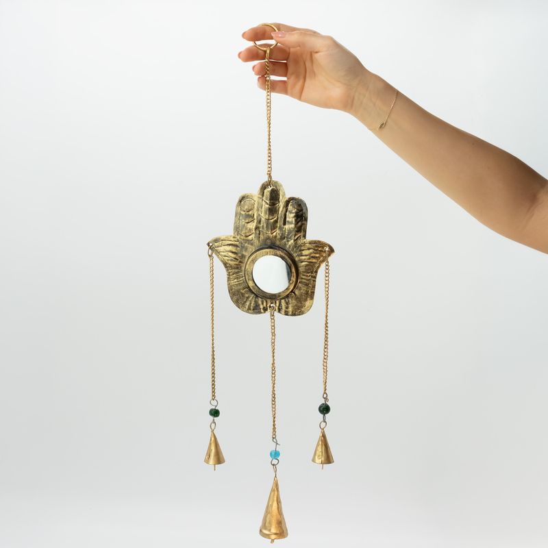 Indische Windspiele - Hamsa Kleiner Spiegel 3 Glocken - 14×55 cm