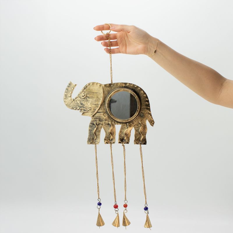 Indische Klangspiele - Elefant Großer Spiegel 4 Glöckchen - 24x60 cm