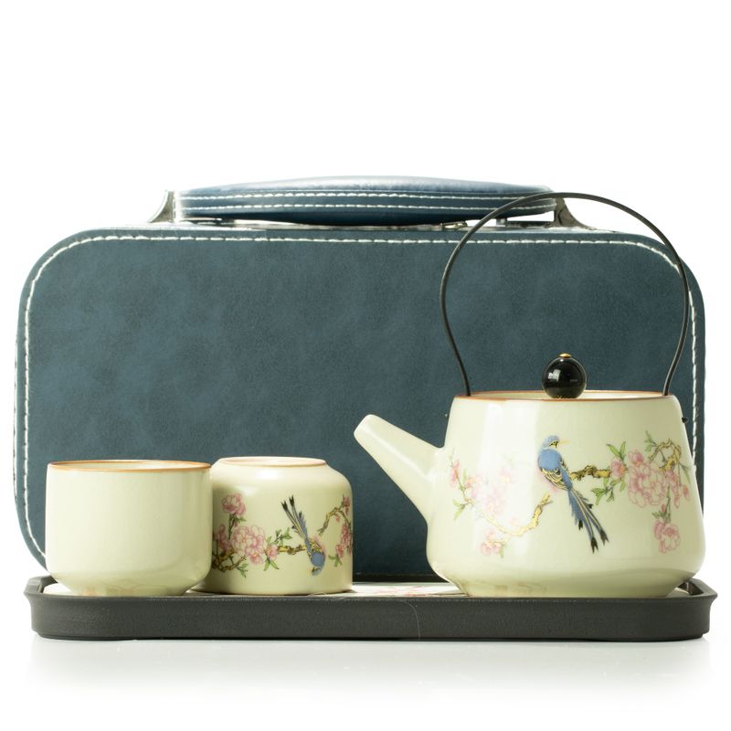 Reise-Teekannen-Set und zwei Teetassen – Blauer Vogel Qing-Dynastie