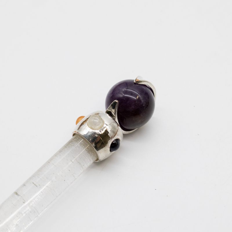 Himmlischer Prismastab - Amethyst bewegliche Kristallsphäre Quarzstiel - 12 cm