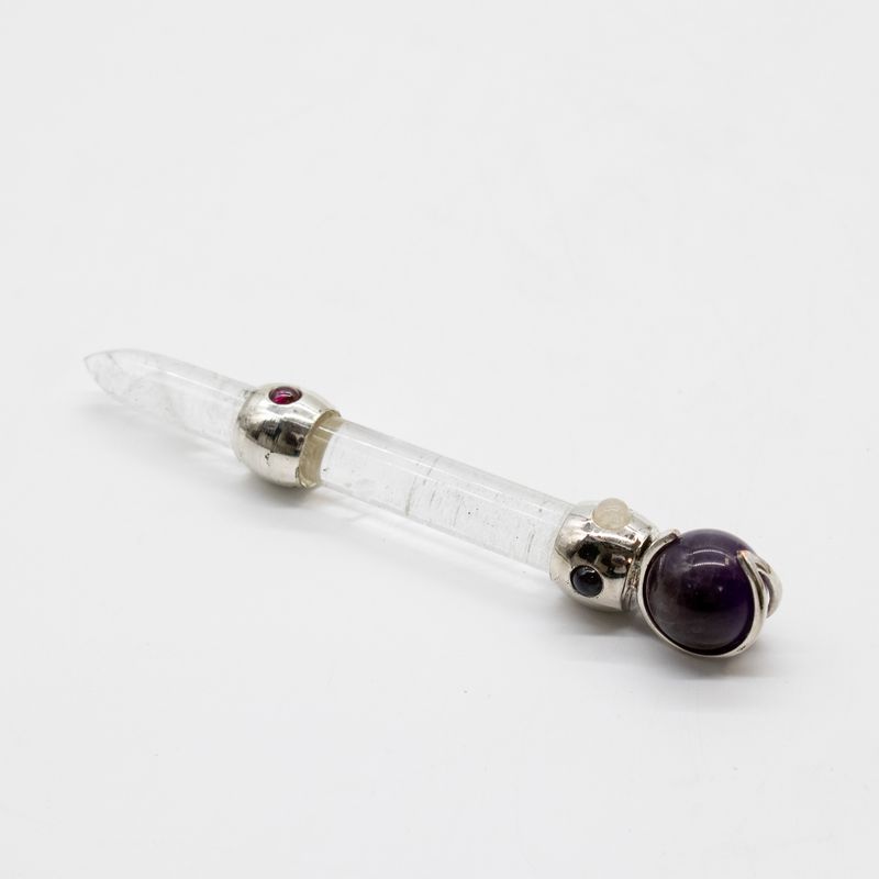 Himmlischer Prismastab - Amethyst bewegliche Kristallsphäre Quarzstiel - 12 cm