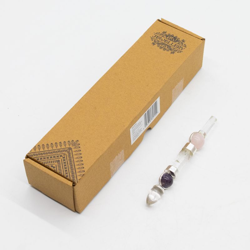 Achse der Gnade Zauberstab - Amethyst- und Rosenquarz-Kugeln, Quarzstiel - 12 cm