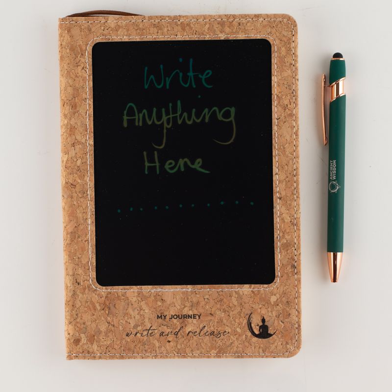 Intention Notizbuch - LCD-Wischbildschirm - Korkleder-Effekt - Messingblatt - 80 Blätter