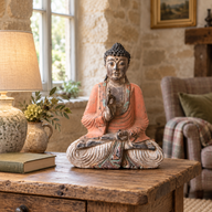 Vintage Orange handgeschnitzte Buddha-Statue – 40 cm – Weitergabe der Lehre