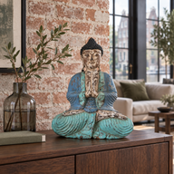 Vintage Blau-Mint Handgeschnitzte Buddha-Statue - 40 cm - Willkommen