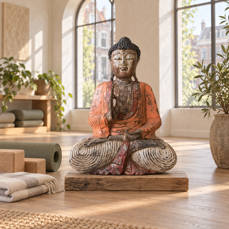 Vintage-Orange-Handgeschnitzte Buddha-Statue - 60 cm - Weitergabe der Lehre