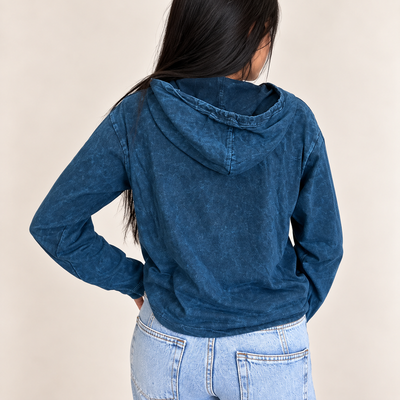 Kleines Steinwasch-Hoodie-Shirt mit Kängurutasche – Blauer Lebenskompass