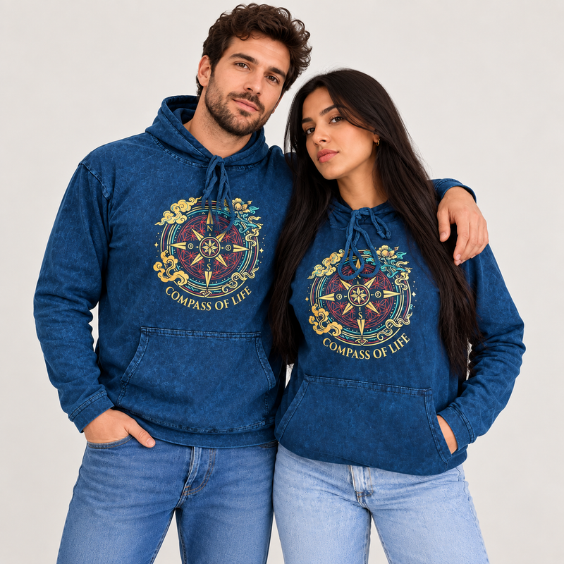 Kleines Steinwasch-Hoodie-Shirt mit Kängurutasche – Blauer Lebenskompass