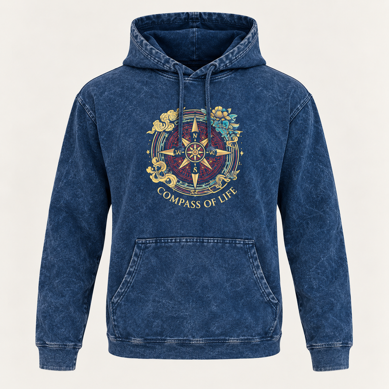 Kleines Steinwasch-Hoodie-Shirt mit Kängurutasche – Blauer Lebenskompass