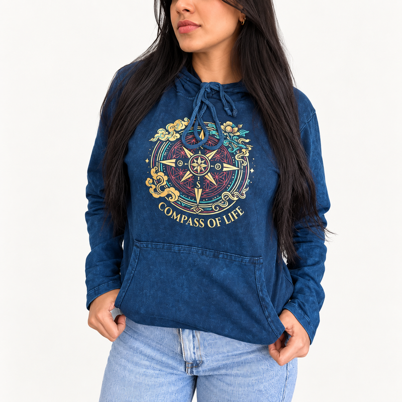 Kleines Steinwasch-Hoodie-Shirt mit Kängurutasche – Blauer Lebenskompass