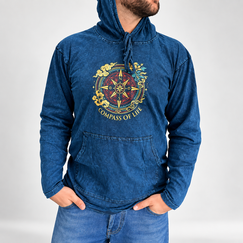 Kleines Steinwasch-Hoodie-Shirt mit Kängurutasche – Blauer Lebenskompass
