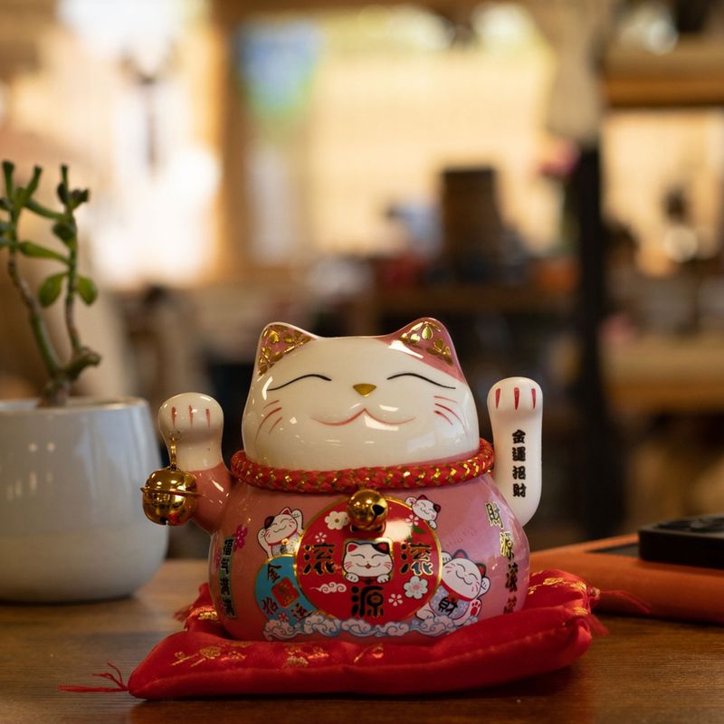 Keramik-Winkekatze mit beweglicher Hand – Rosa auf Kissen (Batterie nicht enthalten)
