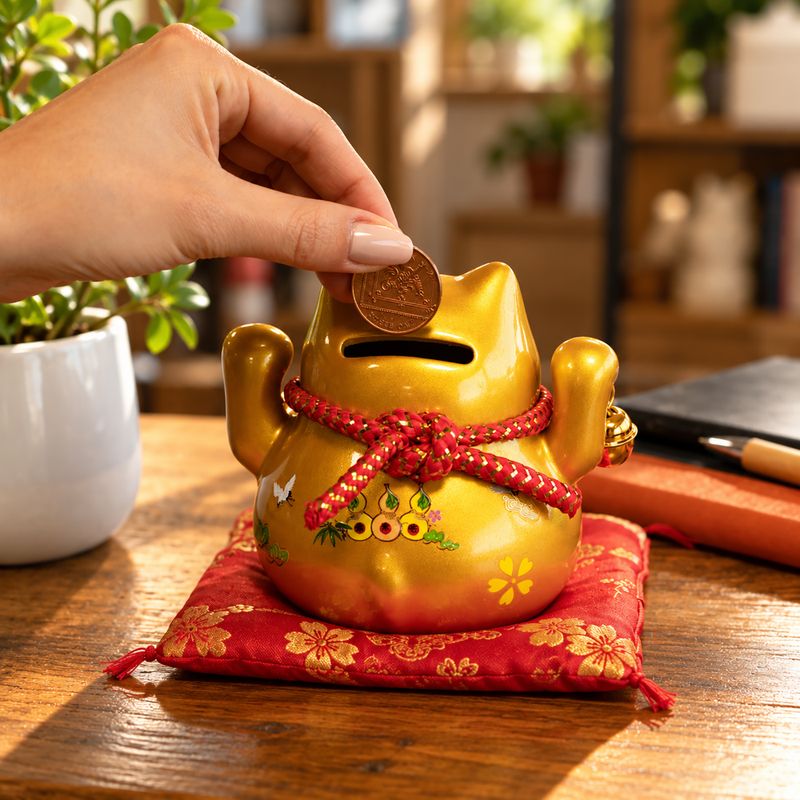 Keramik-Sparschwein Glückskatze – Gold auf Kissen