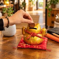 Keramik-Sparschwein Glückskatze – Gold auf Kissen