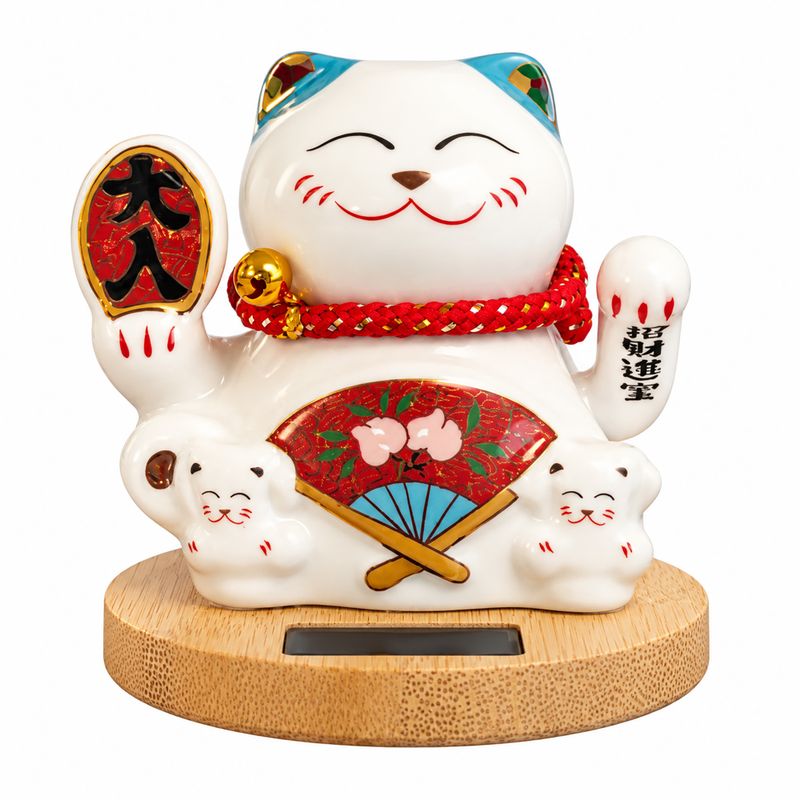 Solar-Glückskatze (Maneki-neko) mit Holzsockel – blau, bewegliche Winkehand