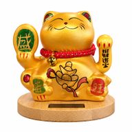 Solar-Glückskatze (Maneki-neko) mit Holzsockel – gold, bewegliche Winkehand