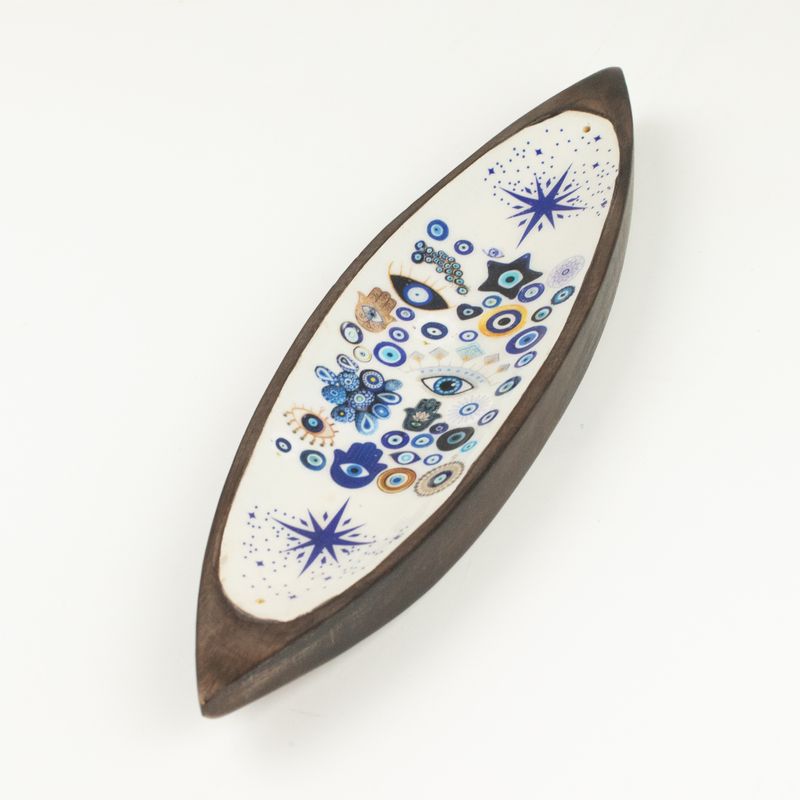 Räucherschale aus Emaille – Mangoholz – Evil Eye