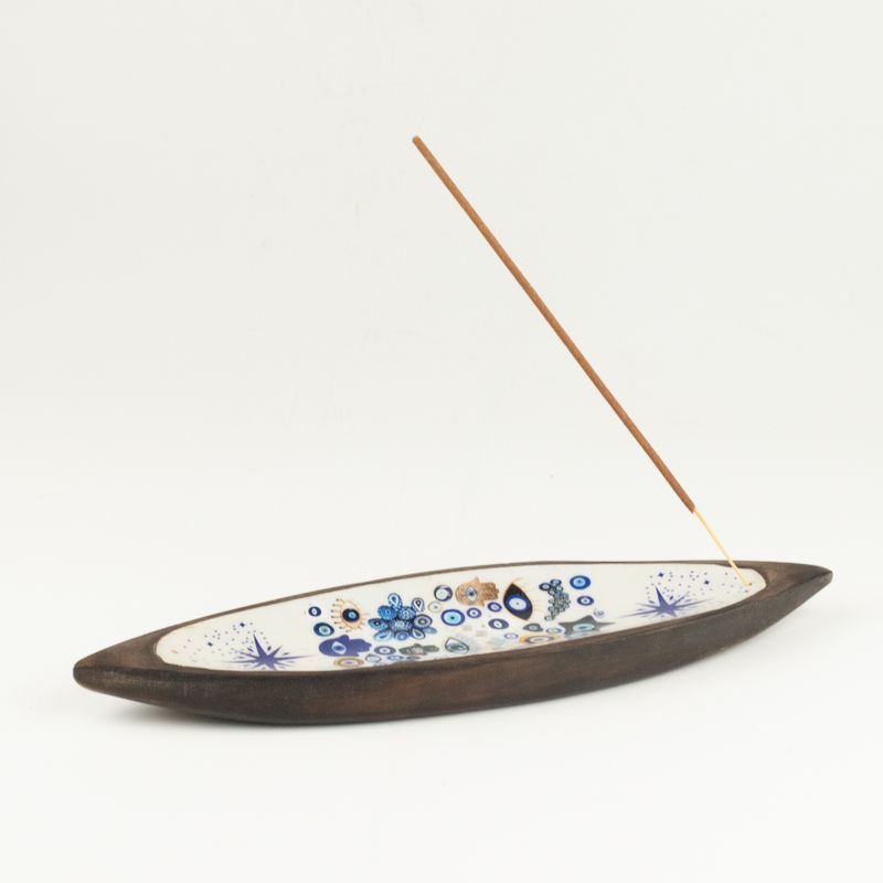 Räucherschale aus Emaille – Mangoholz – Evil Eye