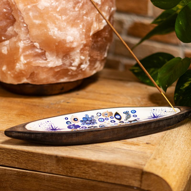 Räucherschale aus Emaille – Mangoholz – Evil Eye