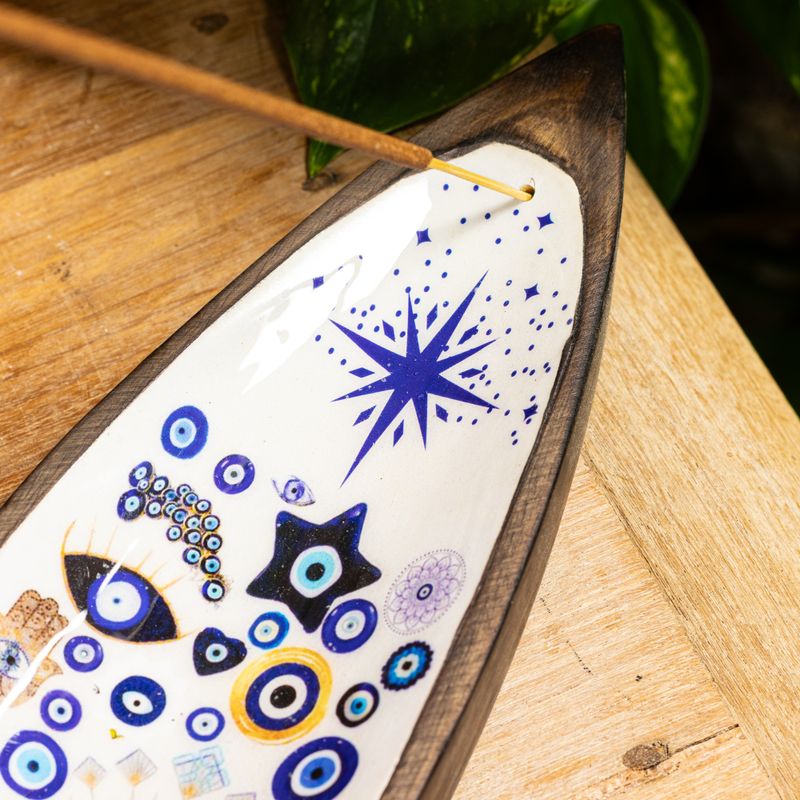 Räucherschale aus Emaille – Mangoholz – Evil Eye