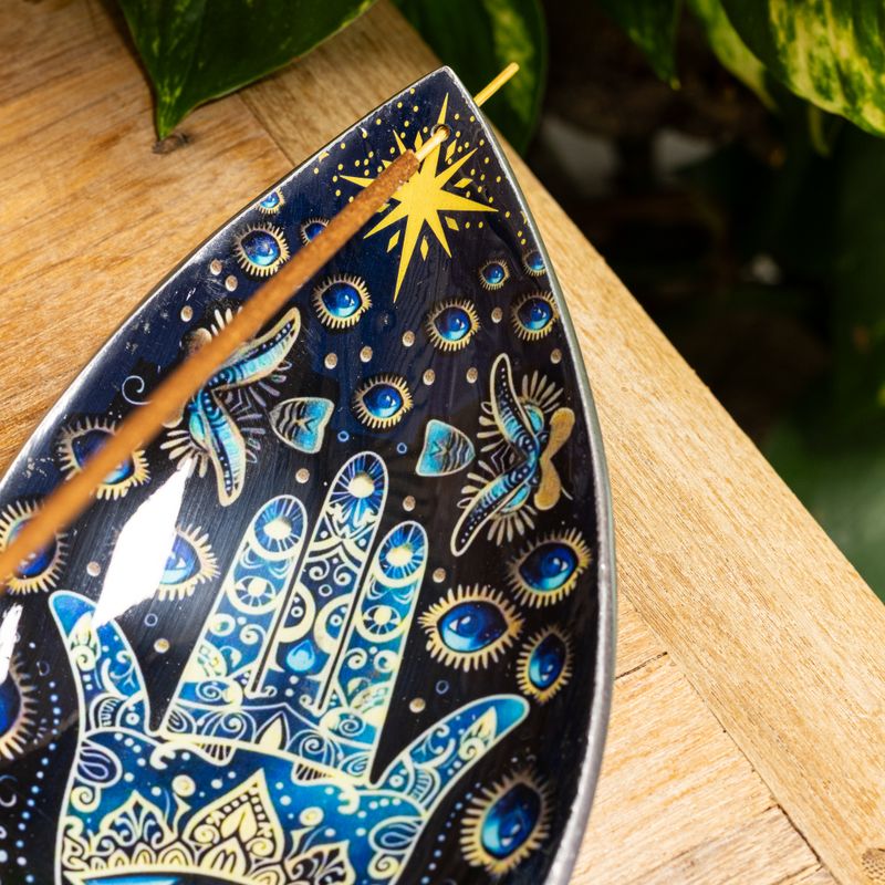 Emaillierte Räucherschale – Aluminium – Blaues Hamsa