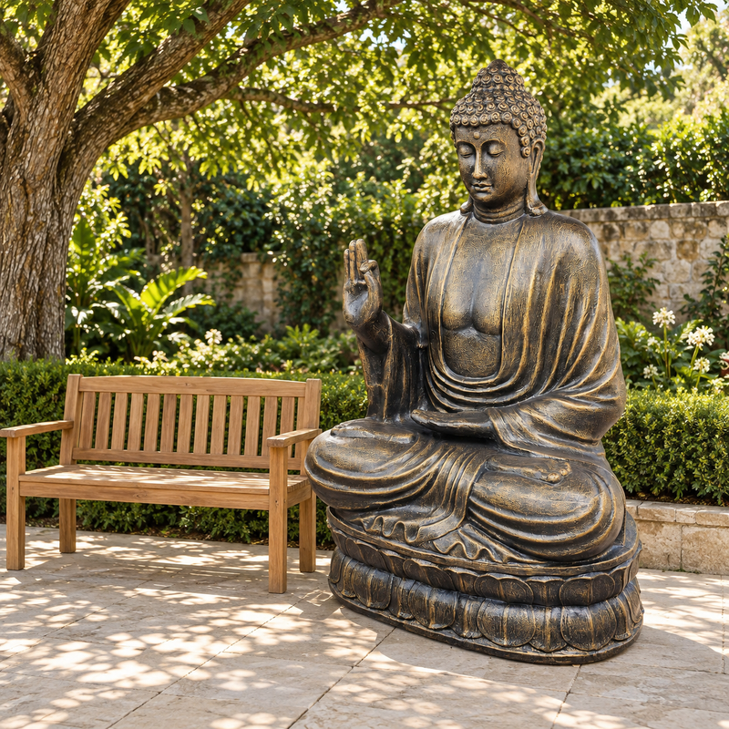 Großer Buddha im Antik-Gold-Look, lehrend auf Lotusblüte – 2 m