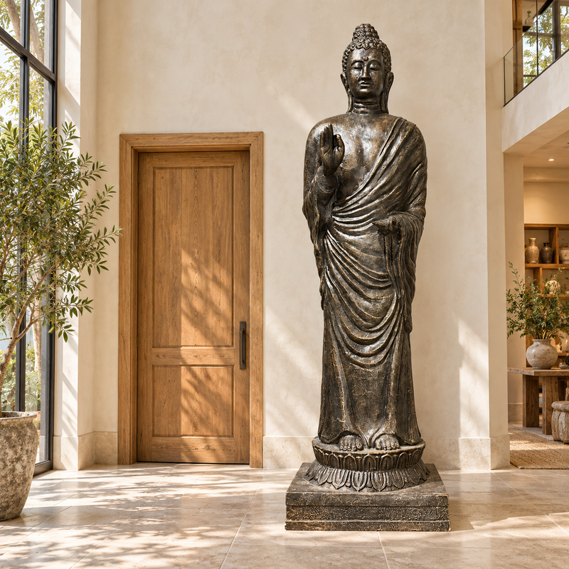 Große stehende Buddha-Statue in Antik-Gold – 3 m hoch