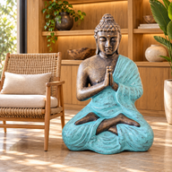 Große Buddha-Statue (betend) in Türkis & Gold – 1,2 m hoch
