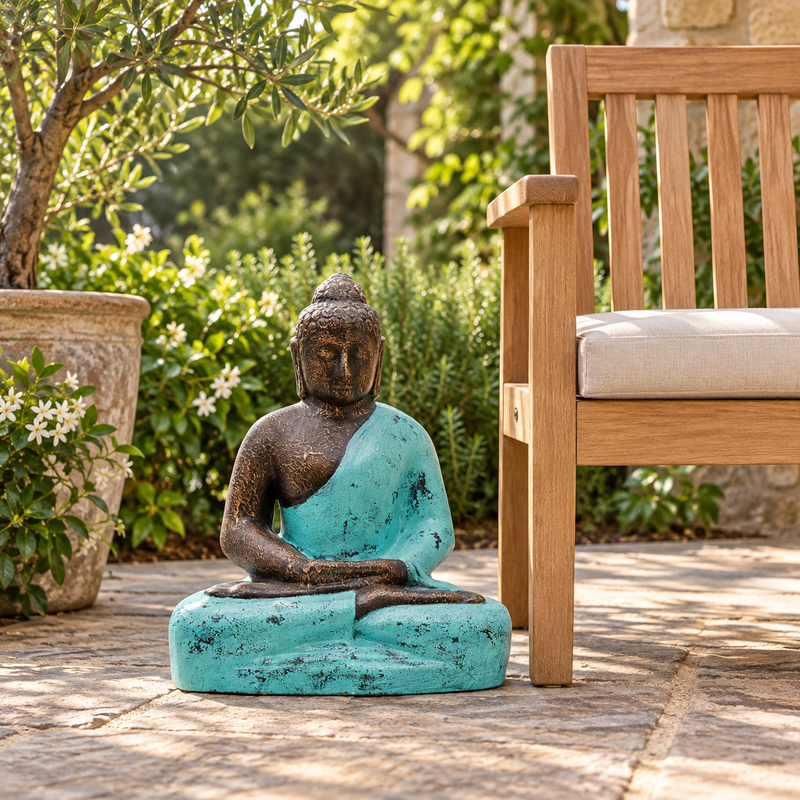 Buddha-Figur Klassisch, mittelgroß, Türkis & Stein – 0,5 m