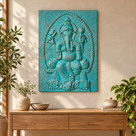 Großer Ganpati-Rahmen, türkisfarbenes Relief – 0,7 x 1 m