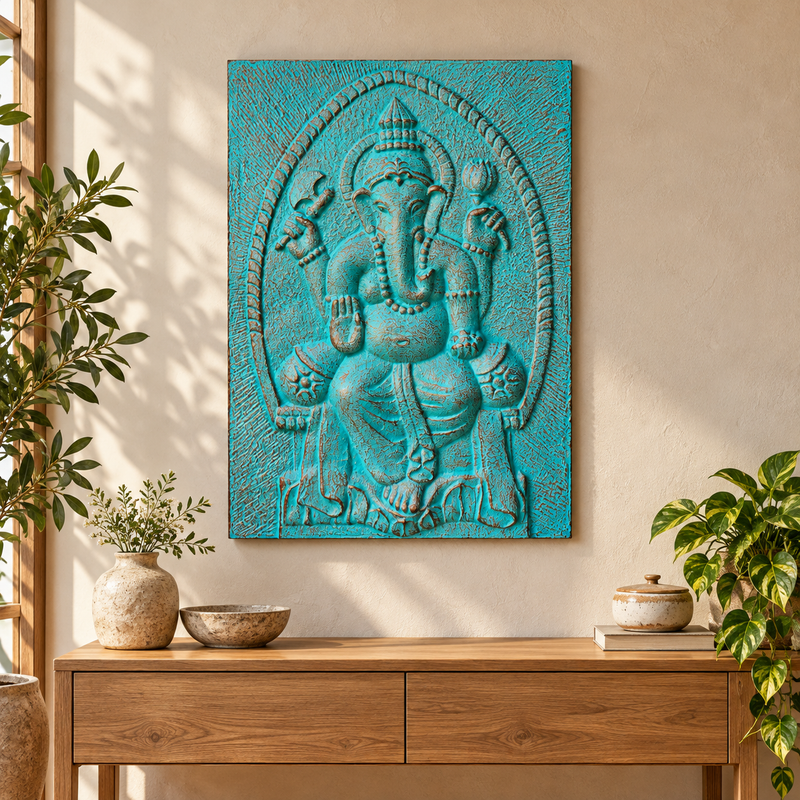 Großer Ganpati-Rahmen, türkisfarbenes Relief – 0,7 x 1 m
