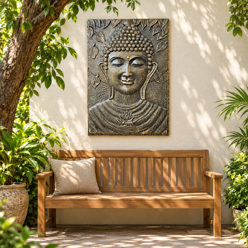 Großer Buddha-Rahmen, Antik-Gold-Relief – 0,7 x 1 m