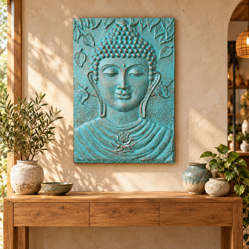 Großer Buddha-Rahmen mit türkisfarbenem Relief – 0,7 x 1 m