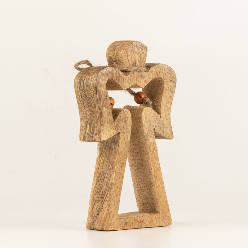Kleiner Schutzengel aus Mangoholz mit Heiligenschein – weiße Emaille