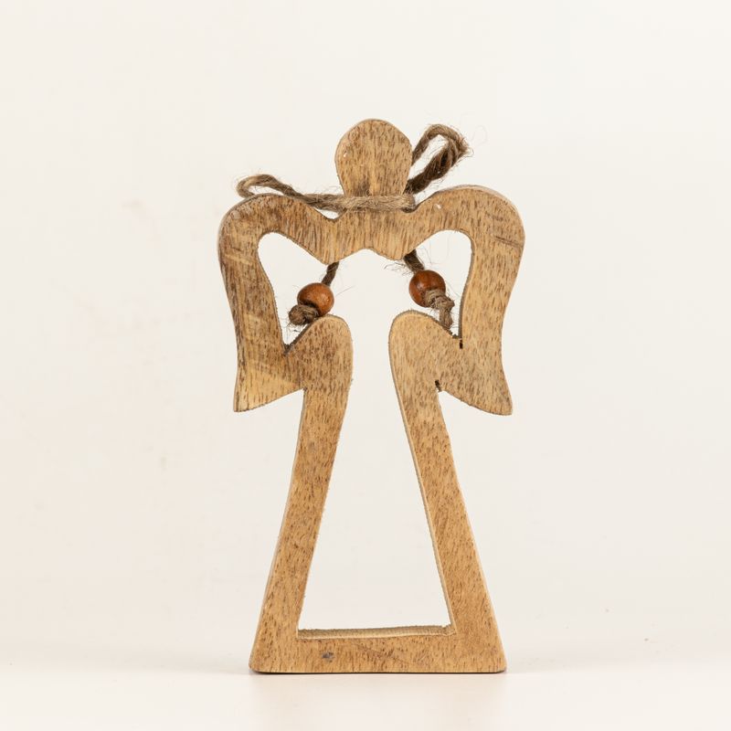 Kleiner Schutzengel aus Mangoholz mit Heiligenschein – weiße Emaille