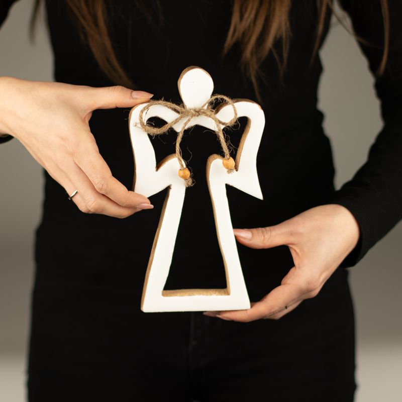 Engel-Figur „Halo“ aus Mangoholz, mittel – weiß emailliert