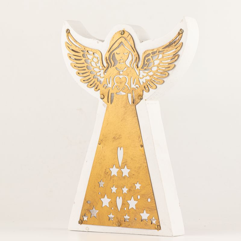 Engel aus Mangoholz – geweißt mit Eisen-Dekorausschnitt – 22cm