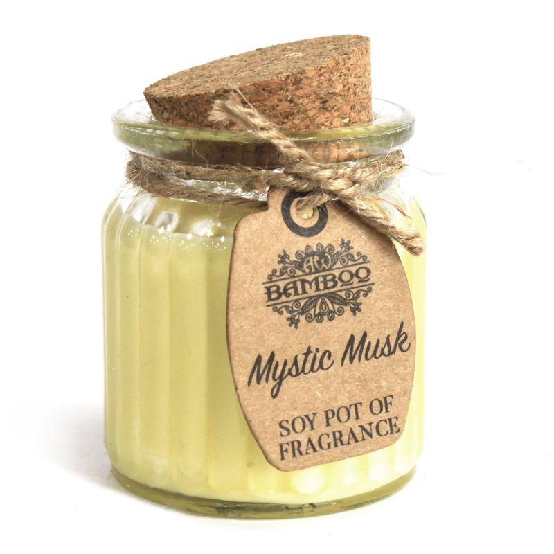 Sojawachskerze in Glas mit Korkdeckel "Mystischer Moschus"