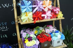 3 Seifenrosen in Herzbox - Lavendel