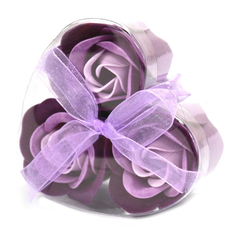3 Seifenrosen in Herzbox - Lavendel