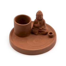 Mehrzweck-Räucherteller mit Buddha-Motiv – Naturfarbener Terrakotta-Stil