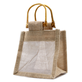 10x Geschenktasche aus Jute mit Baumwoll-Fenster  - klein \'natur\'