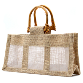 10x Geschenktasche aus Jute mit Baumwoll-Fenster  - groß \'natur\'