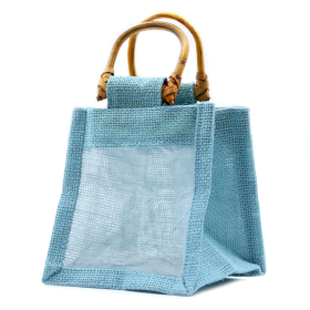 10x Geschenktasche aus Jute mit Baumwoll-Fenster  - klein \'blaugrün\'